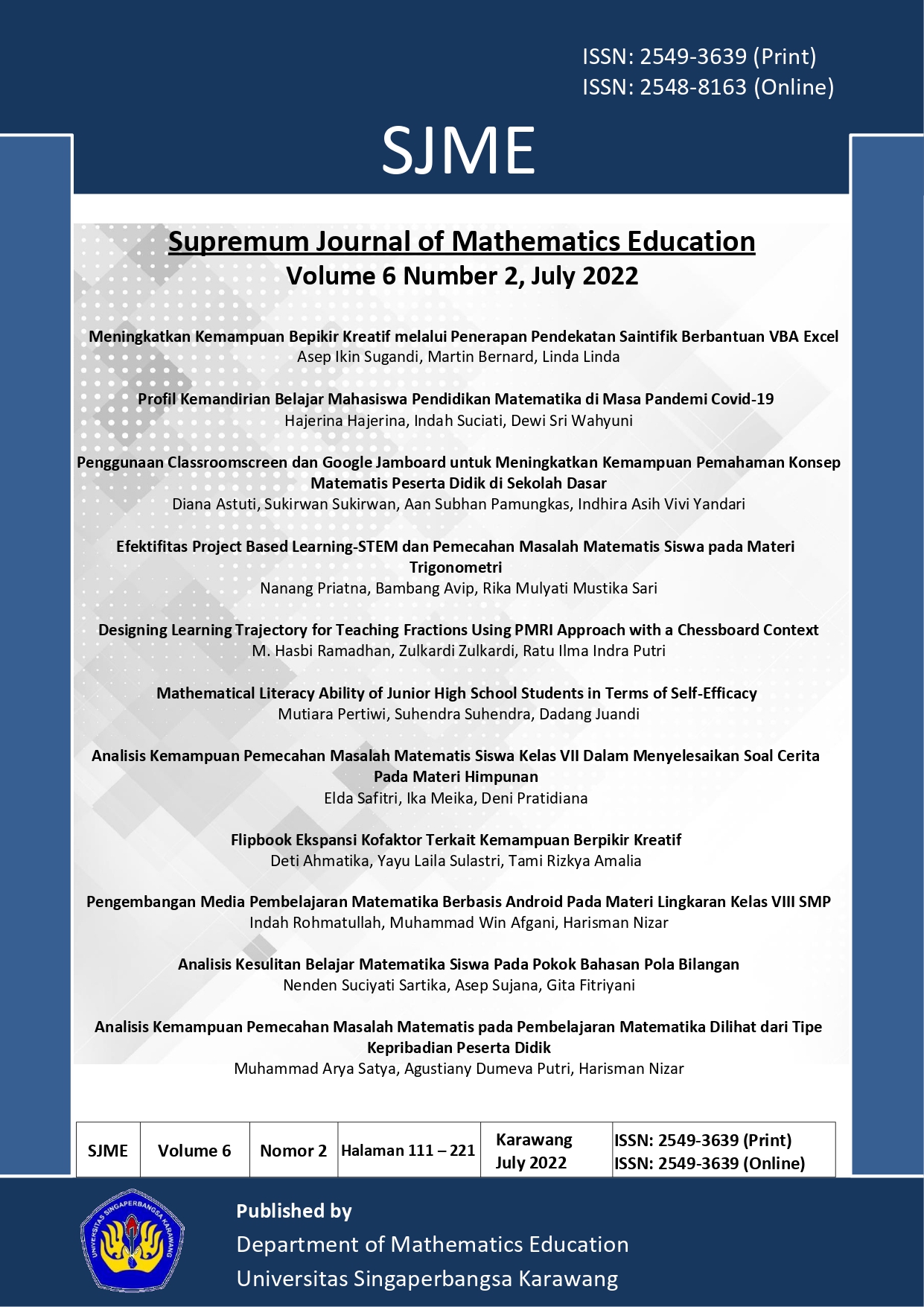 					View Vol. 6 No. 2 (2022): Supremum Journal of Mahematics Education
				