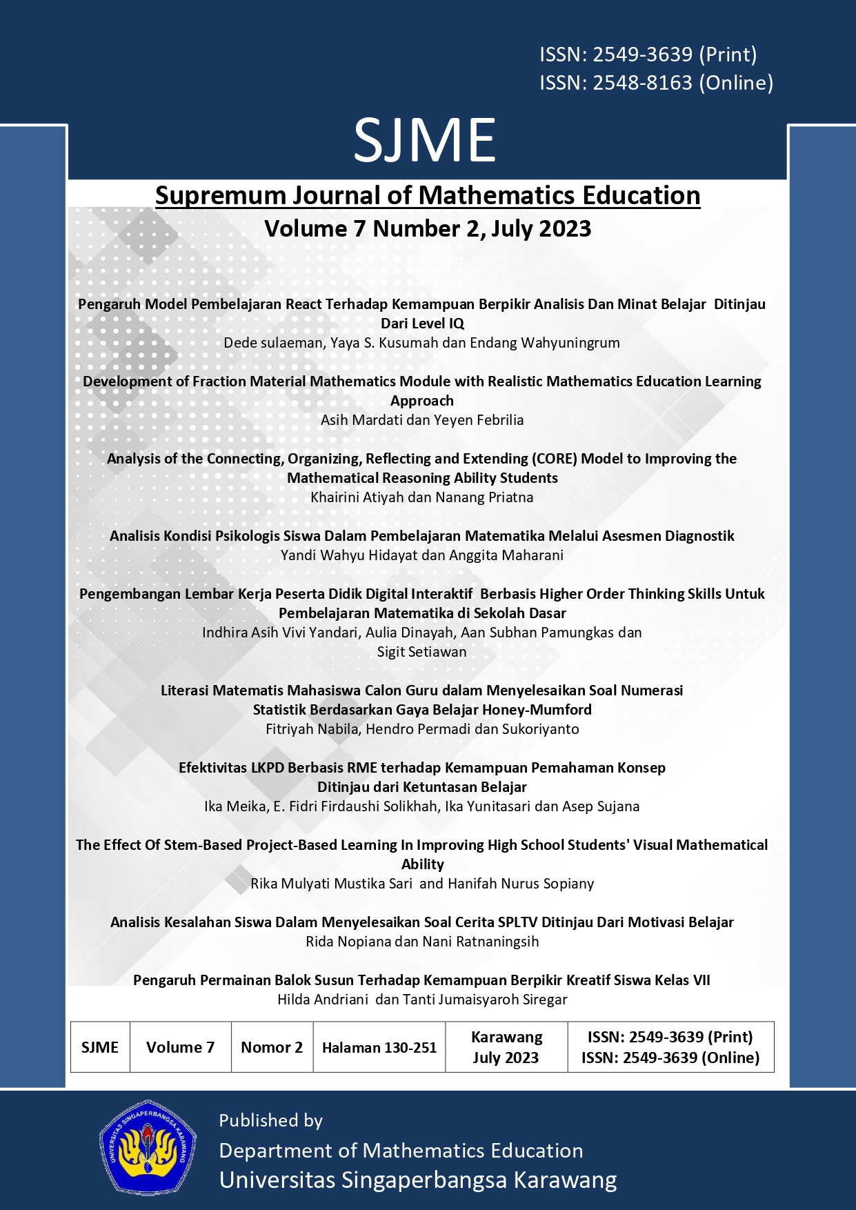 					View Vol. 7 No. 2 (2023): Supremum Journal of Mahematics Education
				