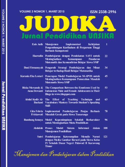 					View Vol. 3 No. 1 (2015): JUDIKA (JURNAL PENDIDIKAN UNSIKA)
				