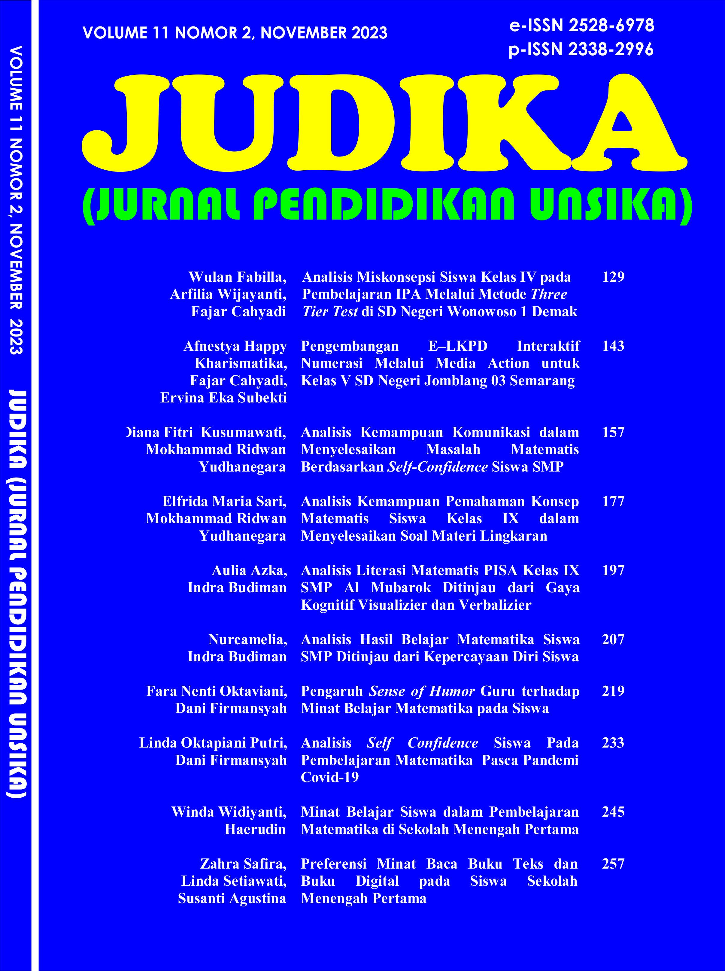 					View Vol. 11 No. 2 (2023): JUDIKA (JURNAL PENDIDIKAN UNSIKA)
				