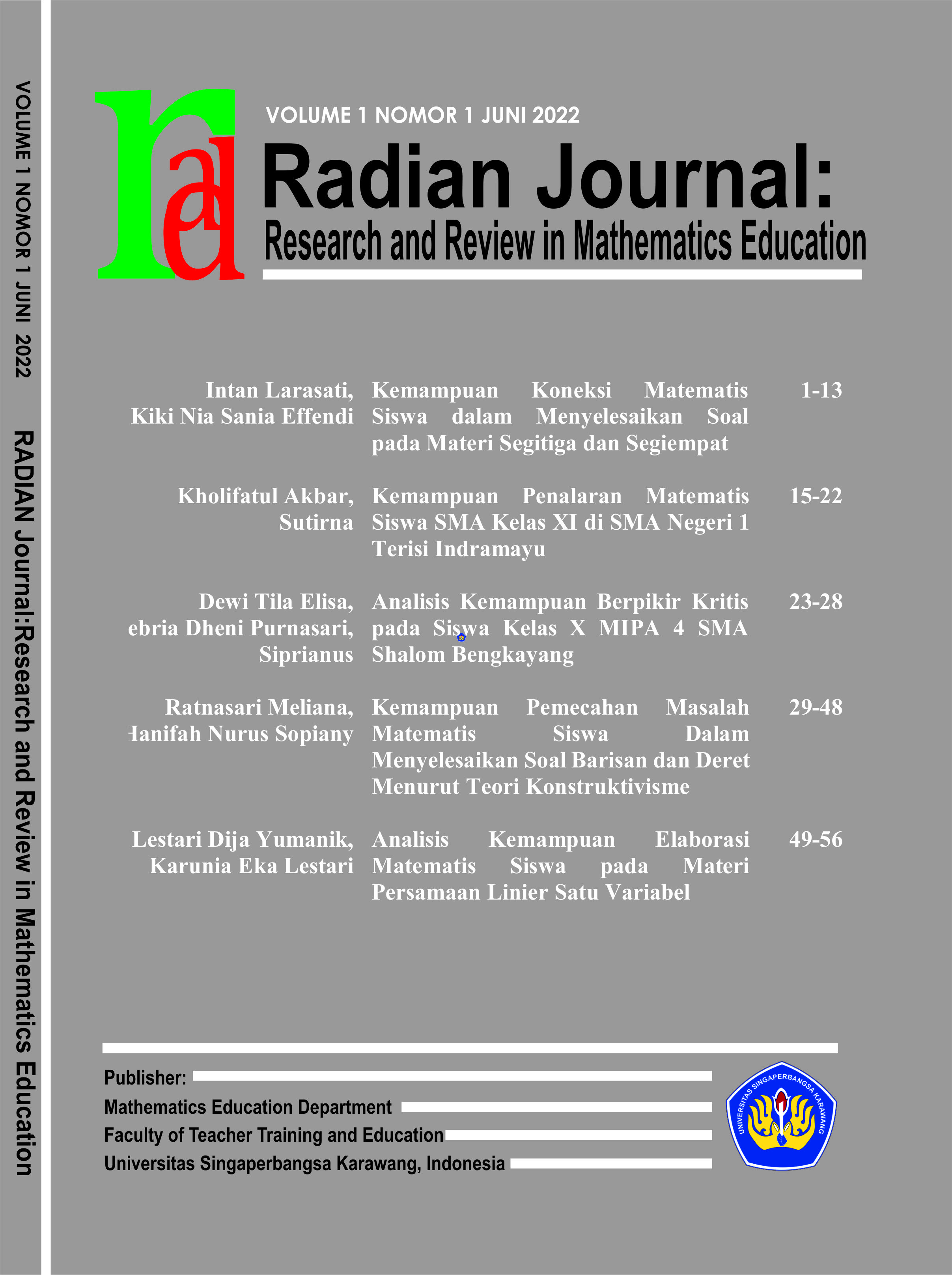 					Lihat Vol 1 No 1 (2022): Radian Journal: Research and Review in mathematics Education 
				