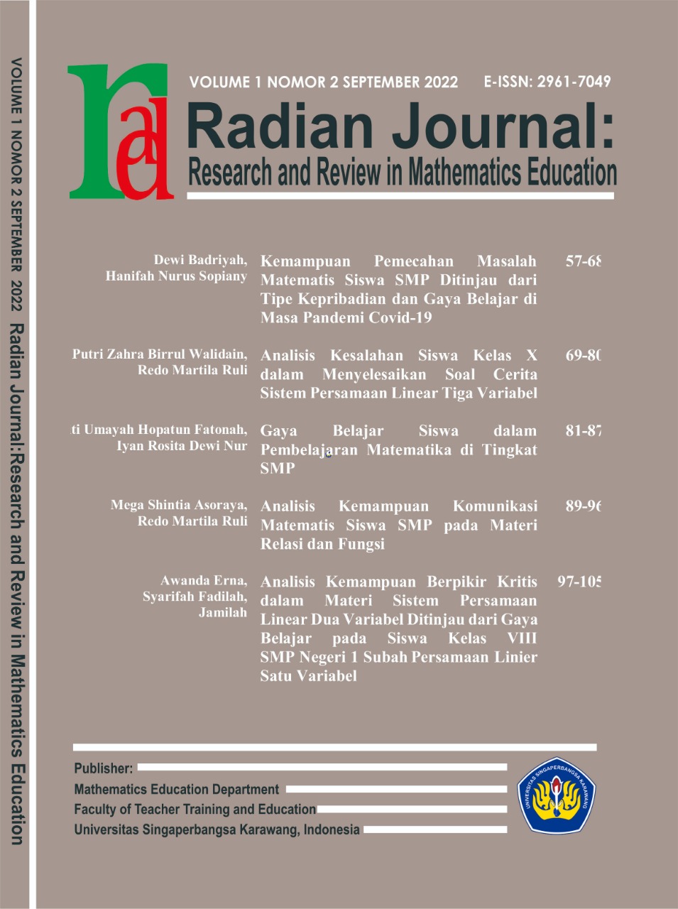 					Lihat Vol 1 No 2 (2022): Radian Journal: Research and Review in Mathematics Education 
				