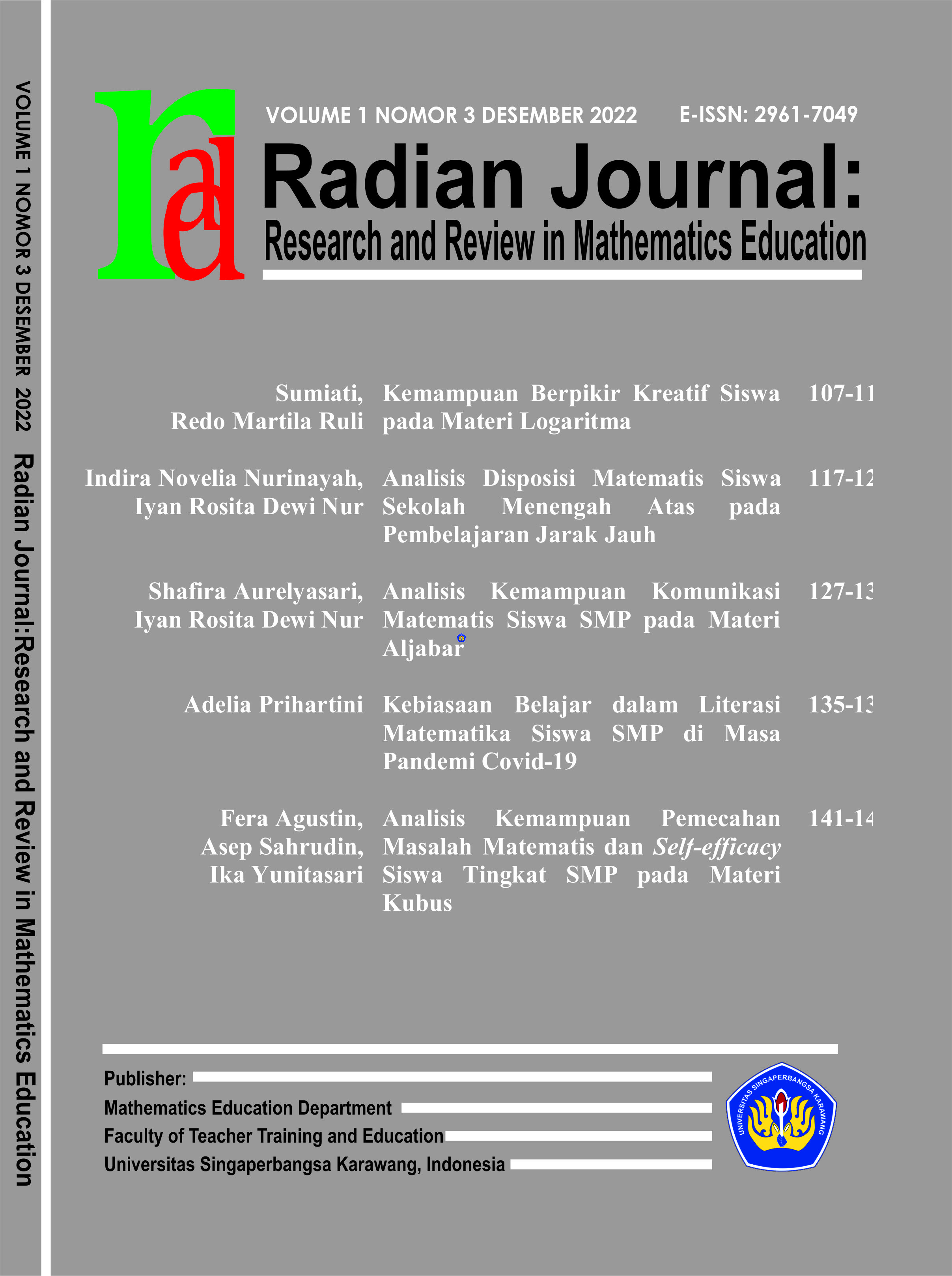 					Lihat Vol 1 No 3 (2022): Radian Journal: Research and Review in Mathematics Education 
				